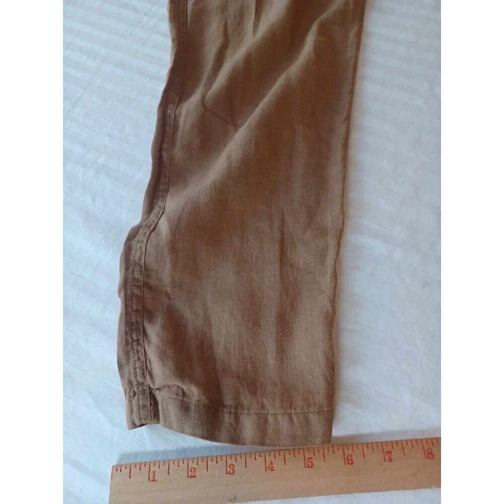 Zara brown linen tapered leg pants womens M paperbag waist button fly beach boho